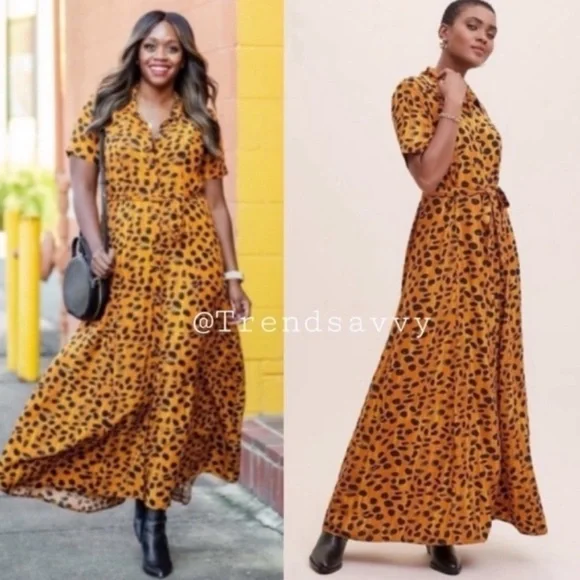 Anthropologie Porridge Vianne Leopard Maxi ShirtDress Orange 8 NWT